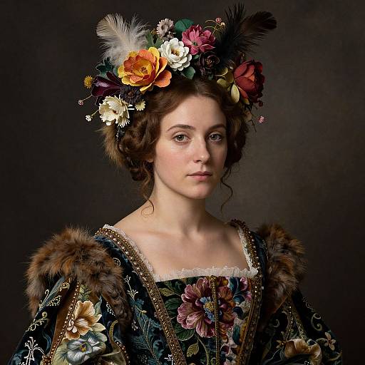 Photograph of a young woman with fair skin and brown curls, wearing an elaborate, floral-patterned dress with fur trim and a vibrant, feathered