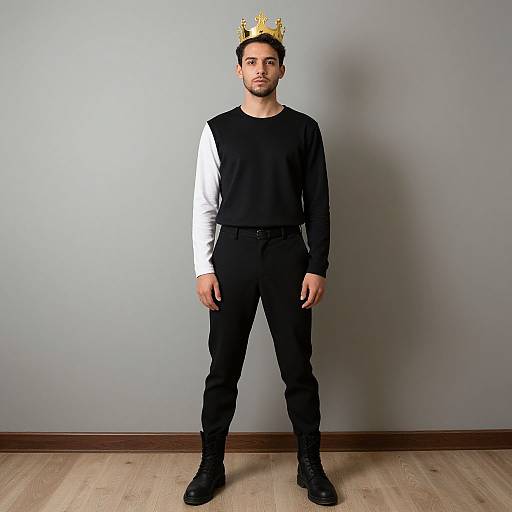 Photograph of a man with short dark hair, light skin, black and white long-sleeve shirt, black pants, and boots, wearing a