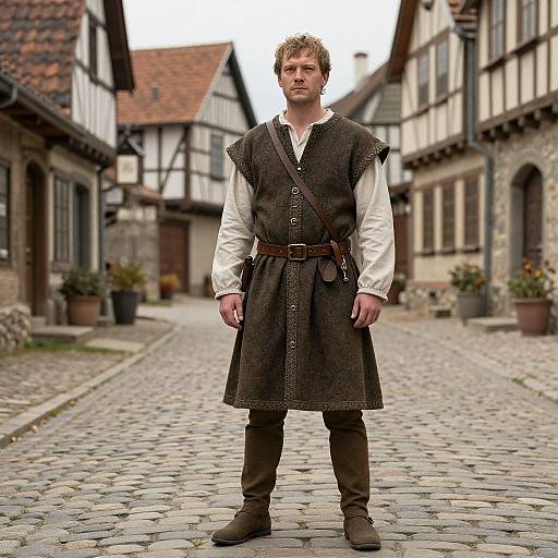 Photograph of a bearded man in medieval attire standing on a cobblestone street in a quaint, historic European village.
