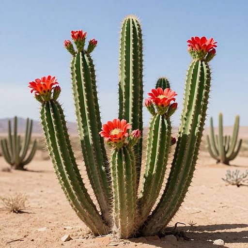 Photograph of a tall, green cactus with vibrant red flowers against a clear blue sky in a desert landscape.