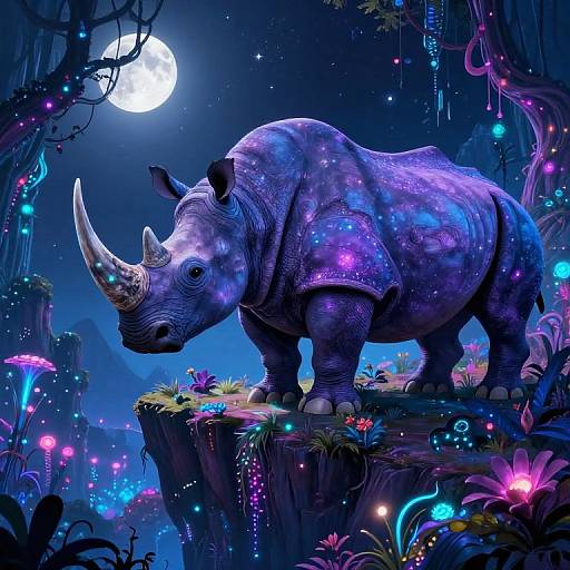 Digital art of a cosmic rhinoceros standing on a cliff under a glowing full moon in a vibrant, neon forest.