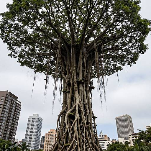 Photograph of a massive tree with extensive, hanging roots, centered against a cityscape with tall buildings under a cloudy sky.