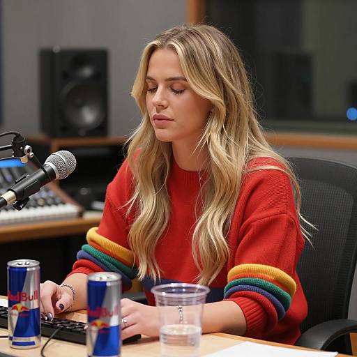 Woman Recording in Studio with Microphone