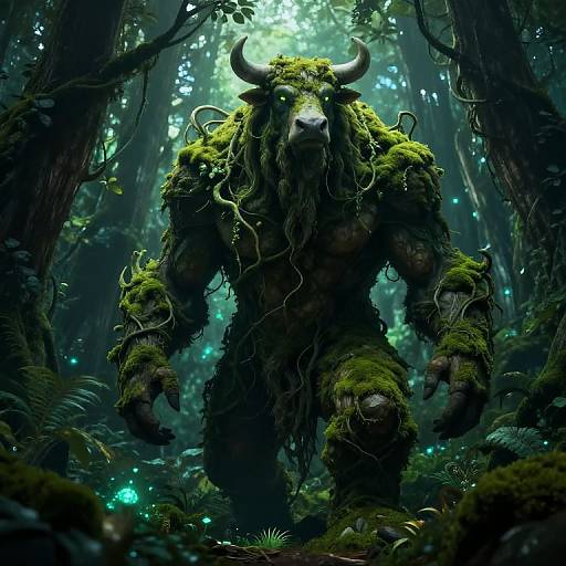 Digital artwork of a menacing, moss-covered minotaur with large horns, glowing eyes, and vines entwined in a dark, mystical forest.