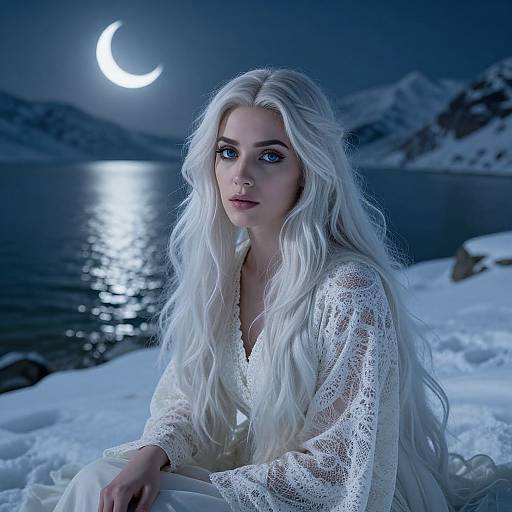Photograph of a young woman with long, white, wavy hair, wearing a white lace dress, sitting on snowy banks under a moonlit night