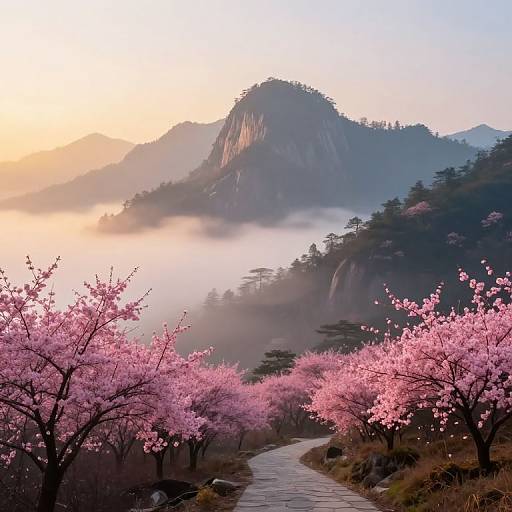 Photograph of a serene mountain landscape at sunrise, featuring pink cherry blossoms in the foreground, a misty valley, and a rocky mountain peak in
