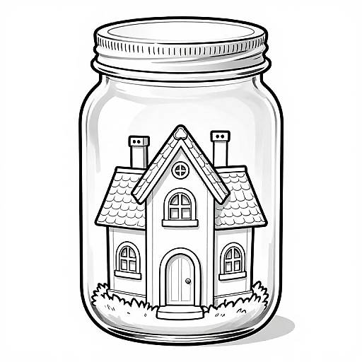 Black-and-white line drawing of a small, detailed house inside a glass jar with a lid, showcasing architectural features like a peaked roof and arched windows