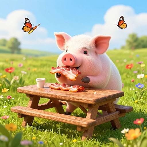 Digital illustration of a cute pink pig eating a sandwich at a wooden picnic table in a vibrant, flower-filled meadow with two butterflies.