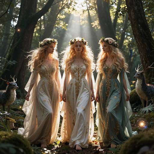 Photograph of three ethereal, blonde women with floral crowns, wearing glowing, ornate, flowing gowns, walking in a sunlit,