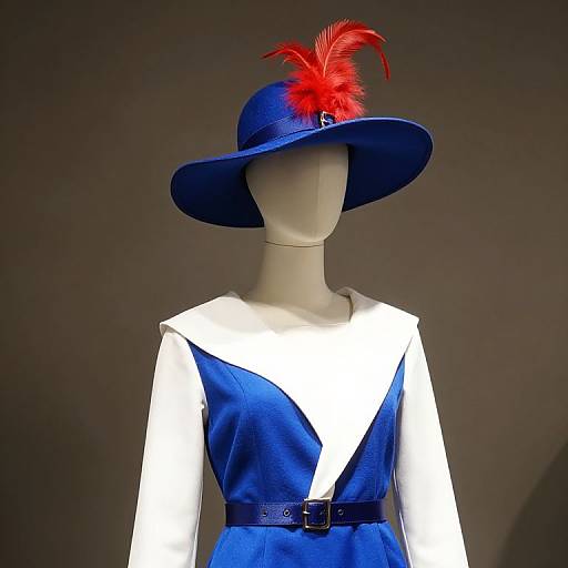 Mannequin in Blue-White Outfit with Red Feather Hat