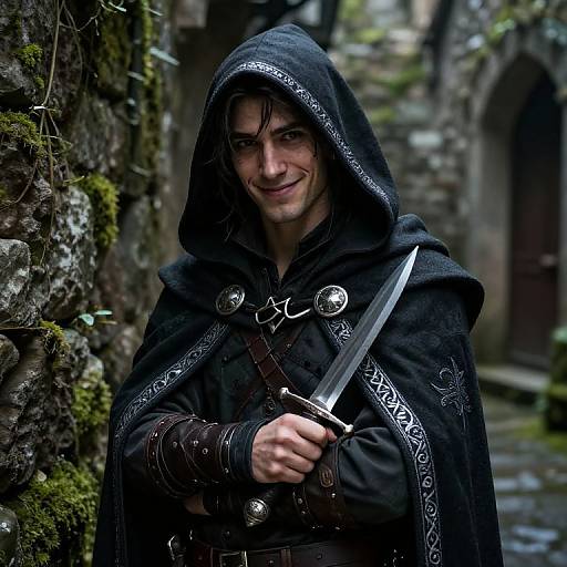 Photograph of a young, handsome man with wet, dark hair, wearing a black, intricately embroidered hooded cloak, holding a dagger, standing