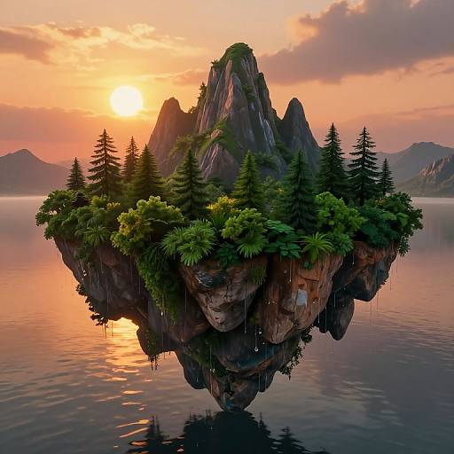 Photorealistic digital art: floating island with lush greenery, tall pine trees, rocky peaks, reflected in calm water, at sunset with orange and