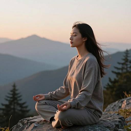 Photograph of a serene woman with long dark hair, wearing a grey sweatshirt and pants, meditating in a mountainous landscape at sunset, sitting
