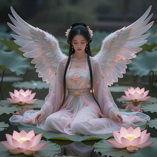 Mystical Woman with Wings on Lily Pad