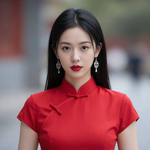 Photograph of an Asian woman with long black hair, wearing a red cheongsam, red lipstick, and intricate earrings, standing against a blurred urban