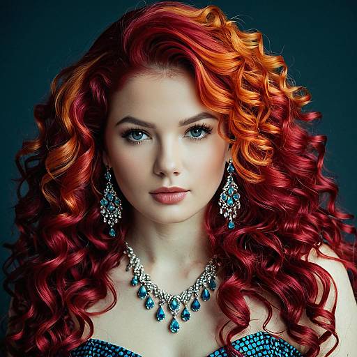 Vibrant Red Curly Wig with Jewelry