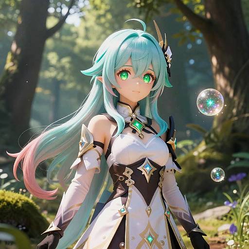 Digital anime-style illustration of a green-eyed, long turquoise-haired elf girl with glowing gem accents, standing in a sunlit forest, surrounded by floating bubbles