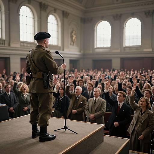 Photograph of a male speaker in a WWII-style military uniform addressing a large, seated audience in a grand, arched-windowed hall.