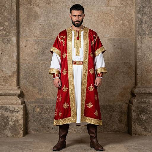 Photograph of a bearded man with dark hair, wearing a red and gold embroidered medieval robe over a white tunic, brown boots, standing against