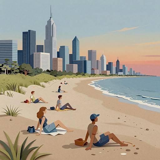 Paper Art Style People Relaxing on Beach with Futuristic Cityscape