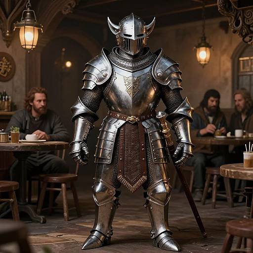 Photorealistic image of a knight in shiny, medieval armor standing in a dimly-lit, rustic tavern with two bearded men seated in the