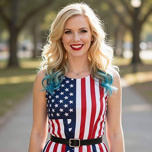 Photograph of a smiling blonde woman with blue-tipped hair, wearing a sleeveless dress with American flag stripes, black belt, and red lipstick,