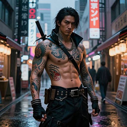 Tattooed, shirtless man with wet black hair stands in a neon-lit, rainy urban alley, wearing dark pants and gloves, knife