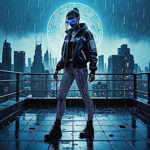 Cyberpunk dancer on rain-soaked rooftop