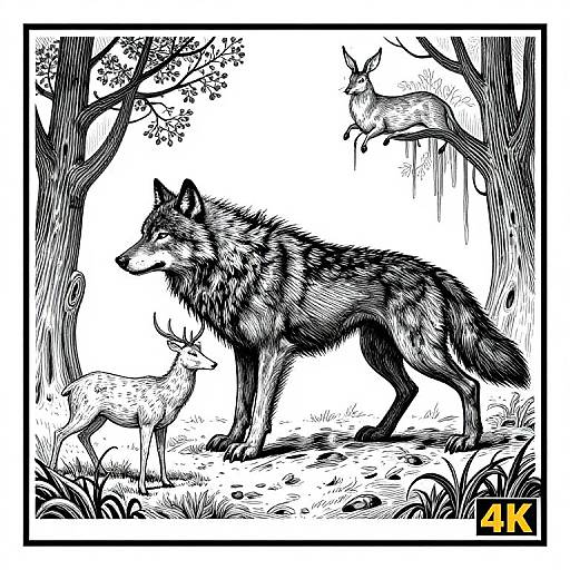 Black-and-white ink drawing of a wolf standing beside a deer, with a second deer leaping from a tree in the background. 