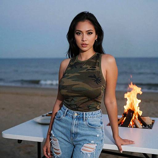 Photograph of an Asian woman with long black hair, wearing a camo tank top and distressed blue jeans, leaning against a white table with a fire