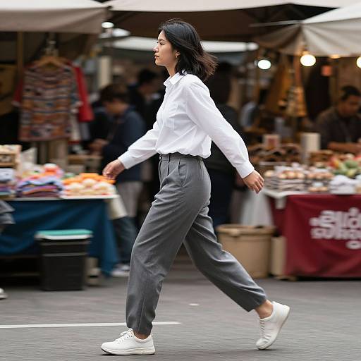 Photograph of an Asian woman with black hair in a white blouse and gray high-waisted pants, walking in a bustling outdoor market, wearing white