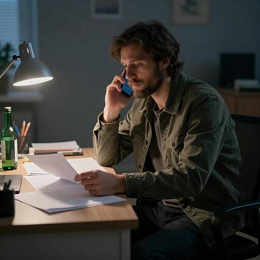 Focused Man Working at Dimly Lit Desk