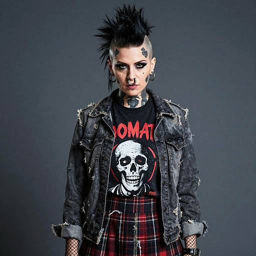 Photograph of a punk-style woman with spiked black hair, tattoos, nose ring, dark makeup, wearing a torn denim jacket, 