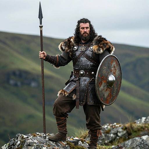 Rugged Viking Warrior with Spear and Shield