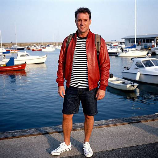 Photograph of a middle-aged man with short black hair, wearing a red leather jacket, black and white striped shirt, black shorts, and white sneakers
