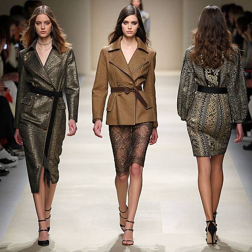 Photograph of three female models on a runway, wearing textured brown and black jackets with lace pants and strappy heels.