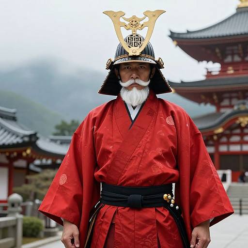 Regal White-Bearded Warrior in Red Kimono