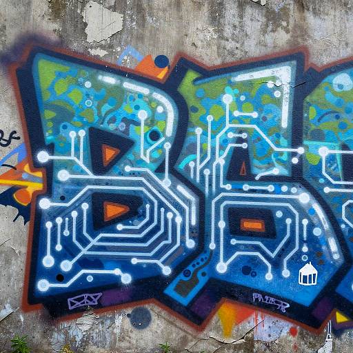 Vibrant graffiti on a weathered concrete wall featuring neon blue and white circuit-like patterns, with orange and blue accents. Artist signature 