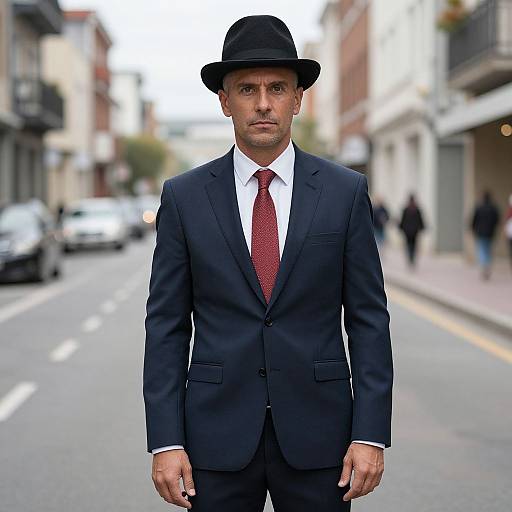 Photograph of a serious-looking man in a black suit, red tie, and black fedora standing on an urban street with blurred background and passing cars