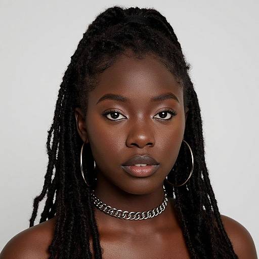 Photograph of a beautiful, dark-skinned Black woman with long dreadlocks, wearing large hoop earrings and a silver chain necklace, against a white background