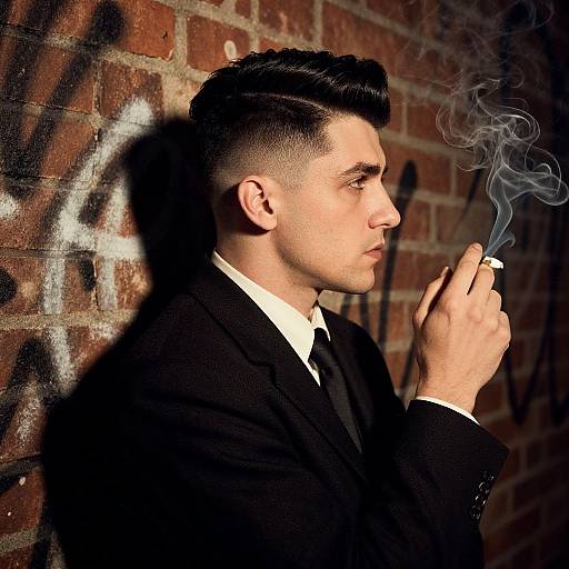 Photograph of a young man with short, dark hair, wearing a black suit, holding a lit cigarette, standing against a graffiti-covered brick wall,