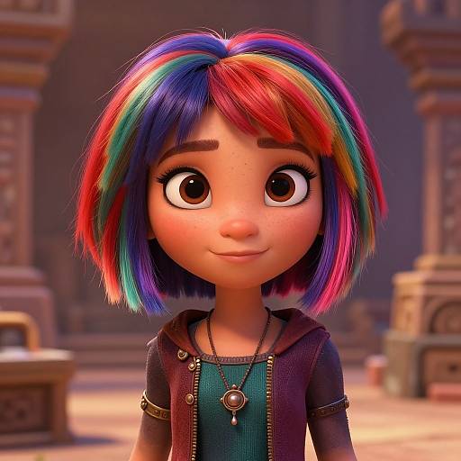 Digital CGI portrait of a young girl with large, expressive brown eyes, vibrant rainbow hair, wearing a black leather jacket, teal top, and silver necklace