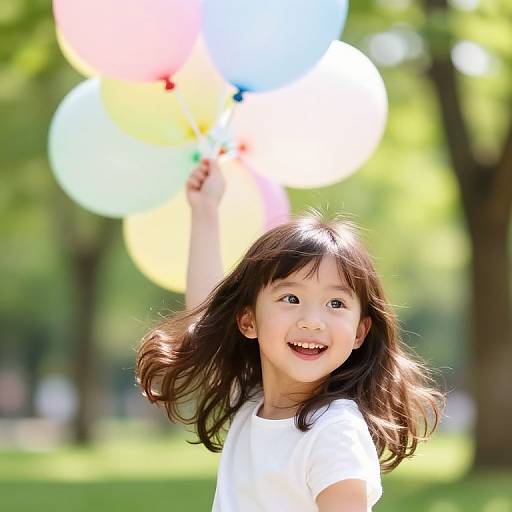 Photograph of a smiling Asian girl with dark brown hair, wearing a white shirt, holding colorful balloons in a sunny, green park.