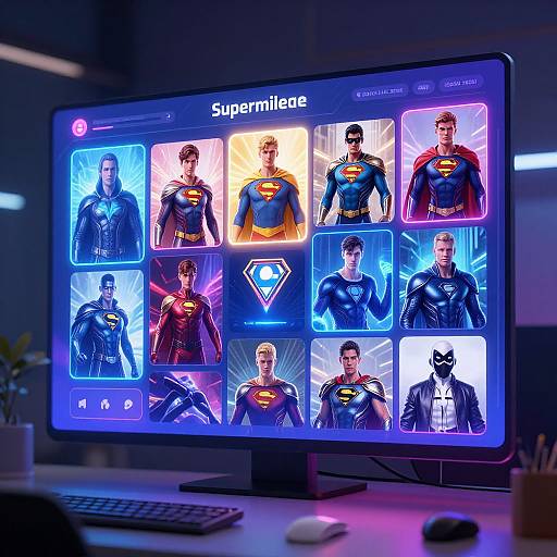 Photograph of a computer monitor displaying a vibrant, neon-lit Superman-themed app with various superhero characters in colorful, glowing costumes.