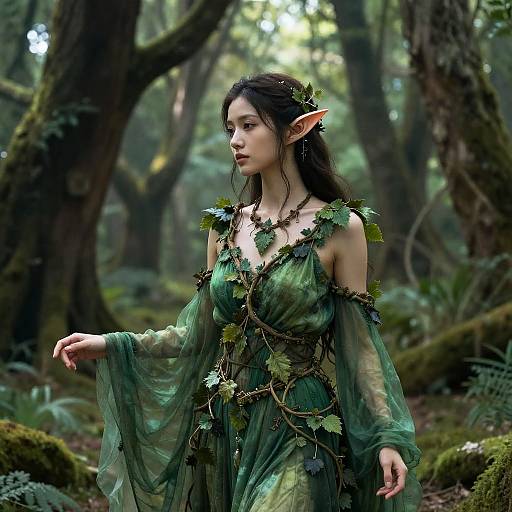 Digital artwork of a fantasy elf woman with long black hair, green leafy dress, pointed ears, and forest background, surrounded by moss-covered trees.