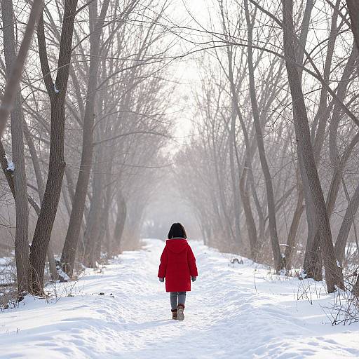 Photograph of a child in a red coat walking down a snowy, tree-lined path, surrounded by bare branches and white snow.