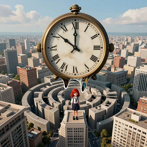 CGI anime-style: giant clock with red-haired girl in school uniform on rooftop, surrounded by cityscape, clock hand pointing 10:10.
