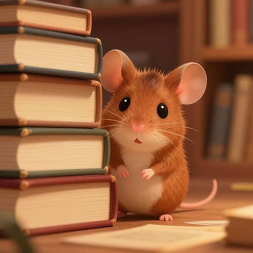 Digital illustration of a cute, brown, fluffy mouse with large, black eyes, sitting beside stacked books in a sunlit library.