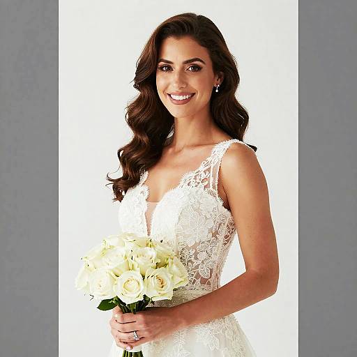 Photograph of a smiling bride with long, wavy brown hair, wearing a white lace wedding dress, holding a bouquet of white roses, against a