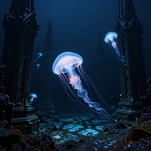 Photograph of glowing blue jellyfish floating among dark, ancient temple ruins in a deep blue underwater scene.